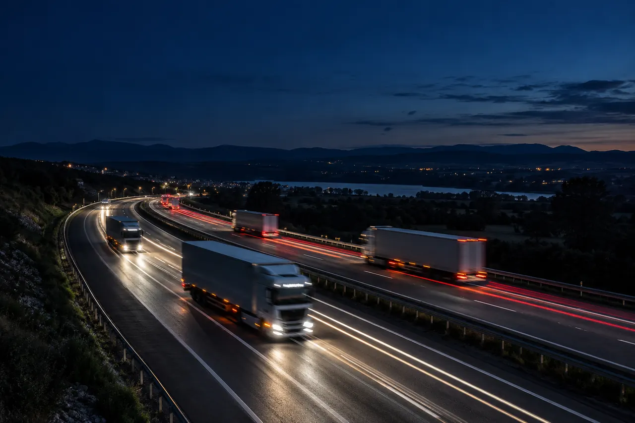 De noche, las luces de los camiones dejan estelas largas sobre la autopista.