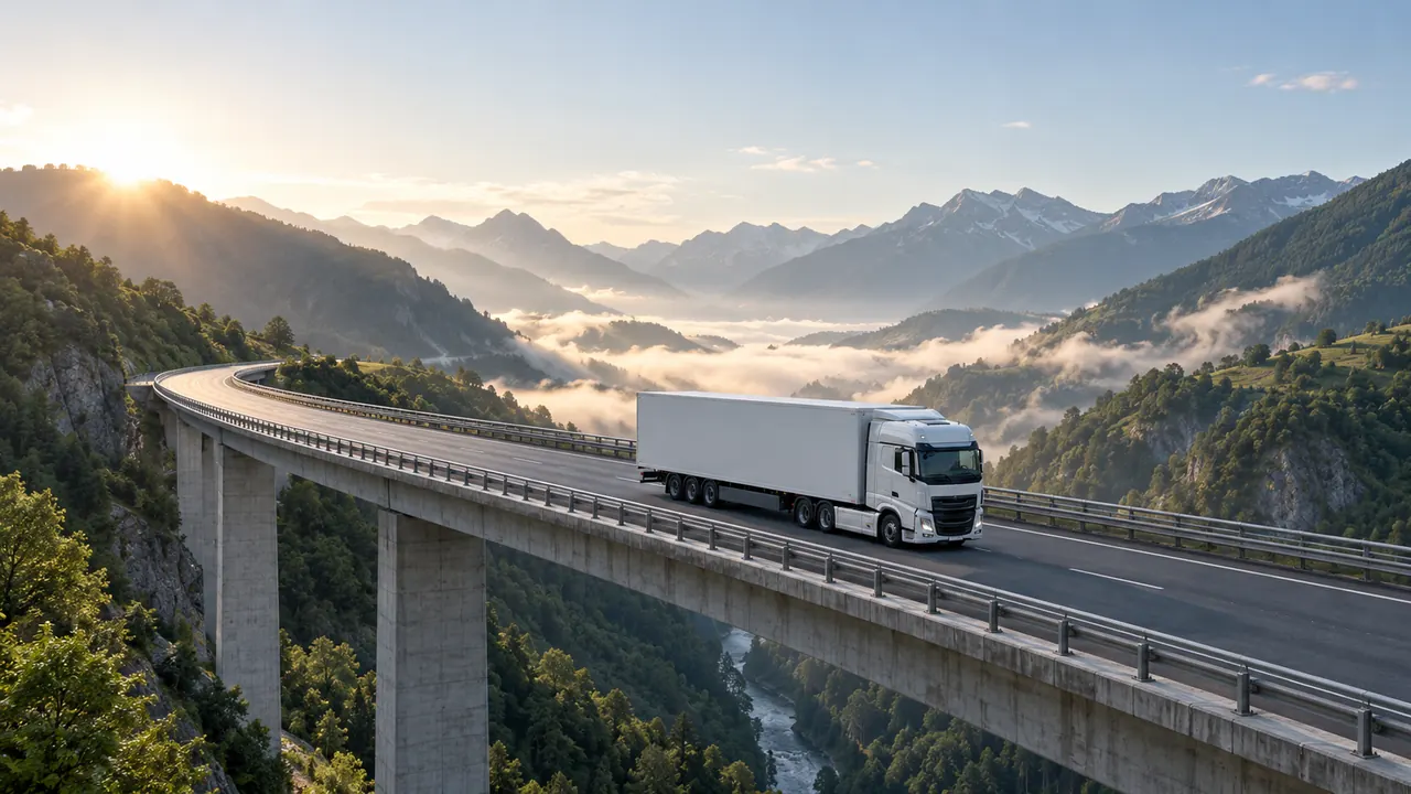 Un camión articulado sin rótulos cruza un viaducto entre montañas verdes, con niebla baja de mañana.
